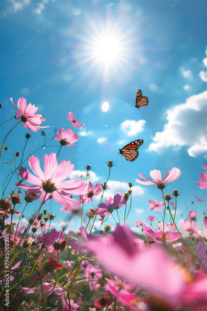 Pink Cosmos Flowers field with butterflies in sunny day with blue sky at summer, summer flowers, summer holiday theme. Pink Cosmos Flowers field with butterflies in sunny day with blue sky at summer, summer flowers, summer holiday theme.