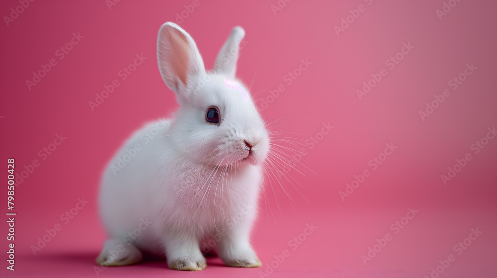 Adorable White Rabbit Sitting Against a Soft Pink Background