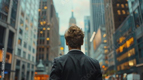 Future Crossroads: Young Businessman Amidst Skyscrapers, Reflecting on Career Paths and Uncertain Futures