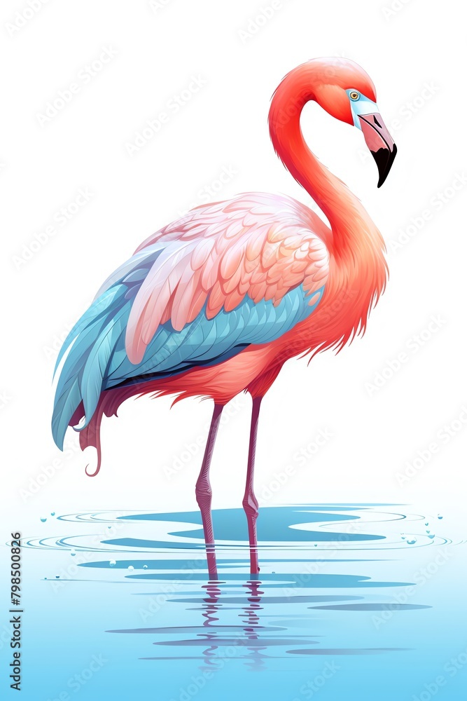 Fototapeta premium Flamingo Pink flamingo on a light blue reflective water surface hand drawing cute owl isolated on white background