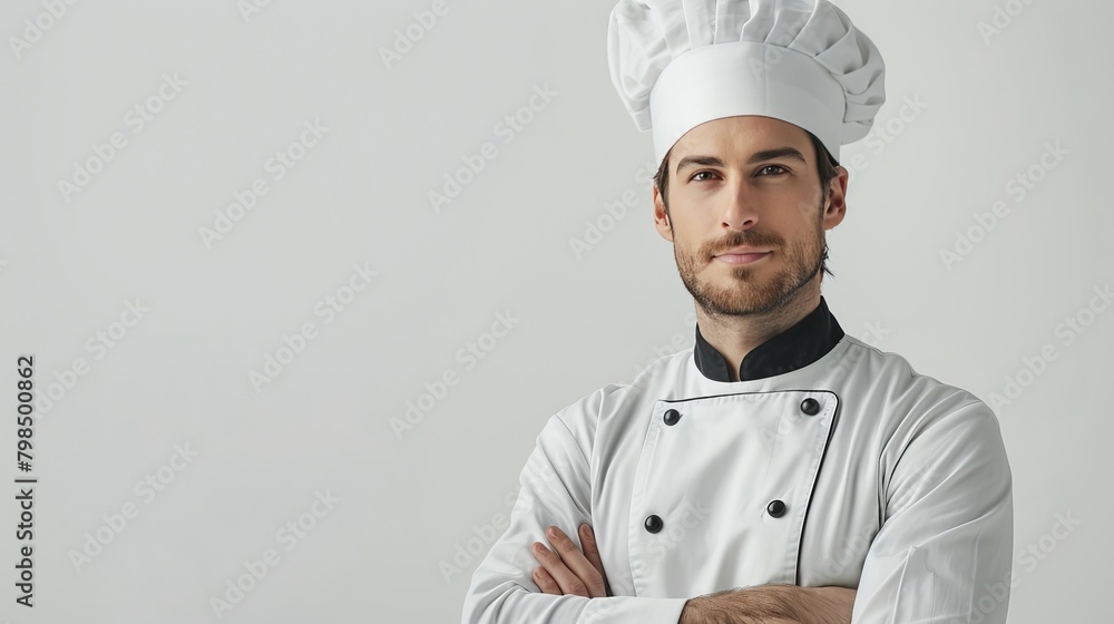 A young European chef in a crisp white and black chef's uniform. Accented with a traditional chef's hat. She stands on a pure white background. There is space left for text.
