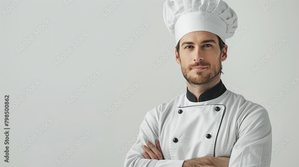 A young European chef in a crisp white and black chef's uniform. Accented with a traditional chef's hat. She stands on a pure white background. There is space left for text. A young European chef in a crisp white and black chef's uniform. Accented with a traditional chef's hat. She stands on a pure white background. There is space left for text.