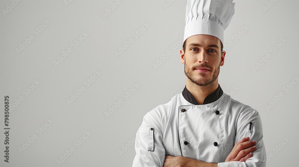 A young European chef in a crisp white and black chef's uniform. Accented with a traditional chef's hat. She stands on a pure white background. There is space left for text.