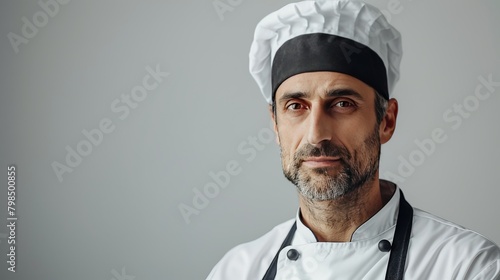 A young European chef in a crisp white and black chef s uniform. Accented with a traditional chef s hat. She stands on a pure white background. There is space left for text.