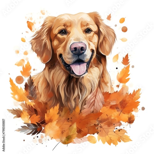 Golden retriever in a golden autumn leaf setting water color, drawing style, isolated clear background