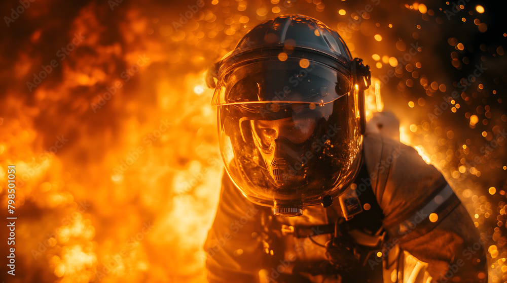 Fototapeta premium Brave Firefighter in Action Against Raging Flames at Sunset