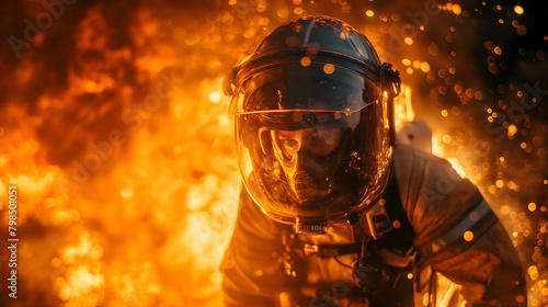 Brave Firefighter in Action Against Raging Flames at Sunset © slonme