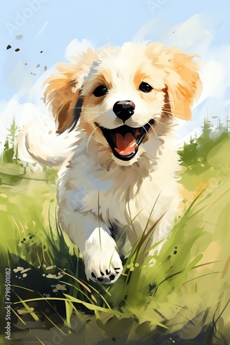 Playful puppy on a soft green grass background water color, drawing style, isolated clear background