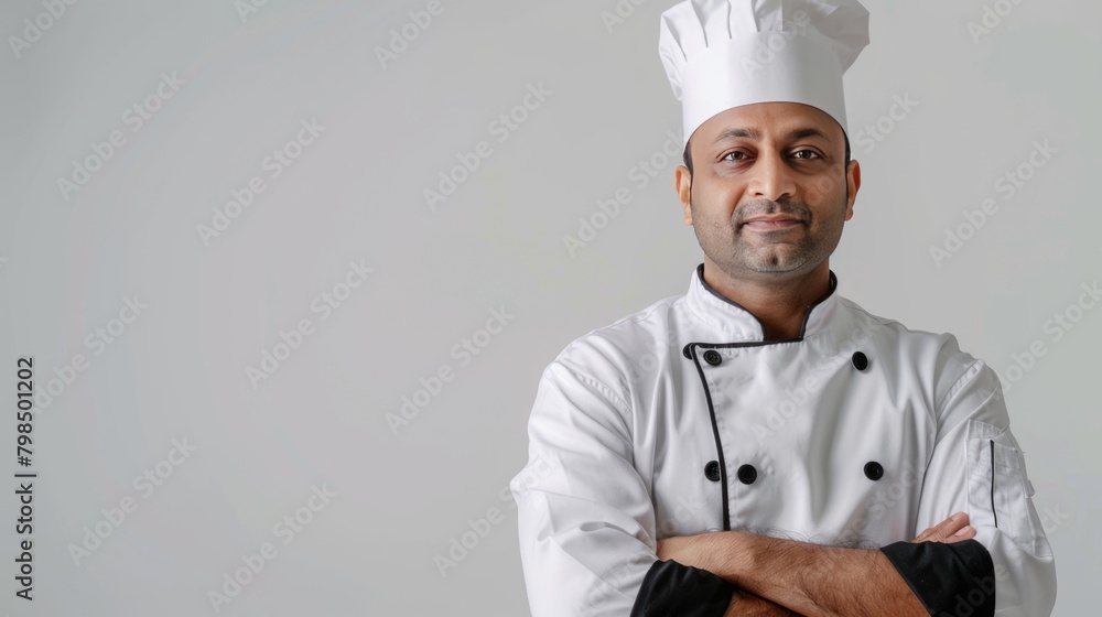 Young Indian chef in crisp white and black chef's uniform Accented with a traditional chef's hat. She stands on a pure white background. There is space left for text. Young Indian chef in crisp white and black chef's uniform Accented with a traditional chef's hat. She stands on a pure white background. There is space left for text.