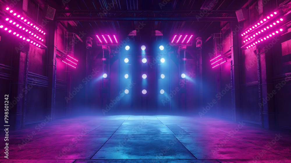 Atmospheric and Vibrant Empty Nightclub with Colorful Lights