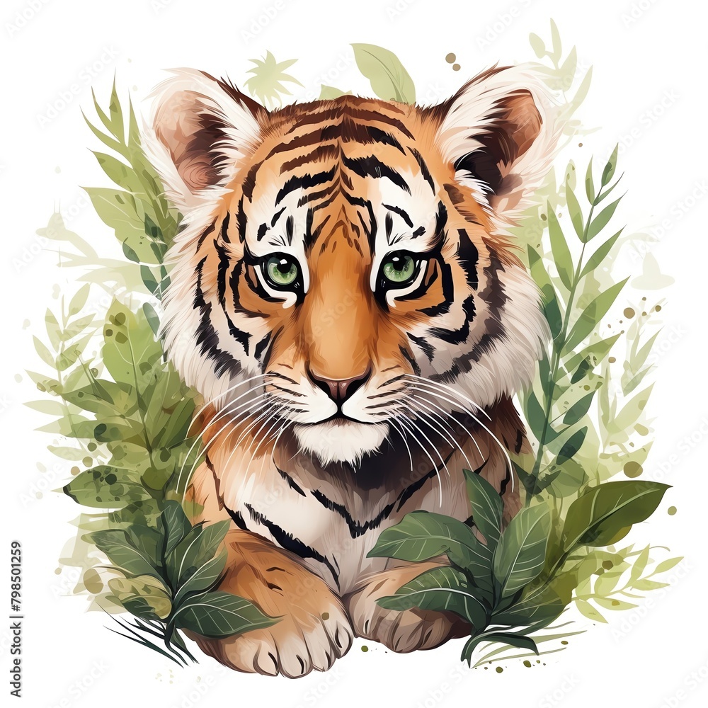 Tiger  A fierce tiger with lush green jungle background hand drawing cute owl isolated on white background