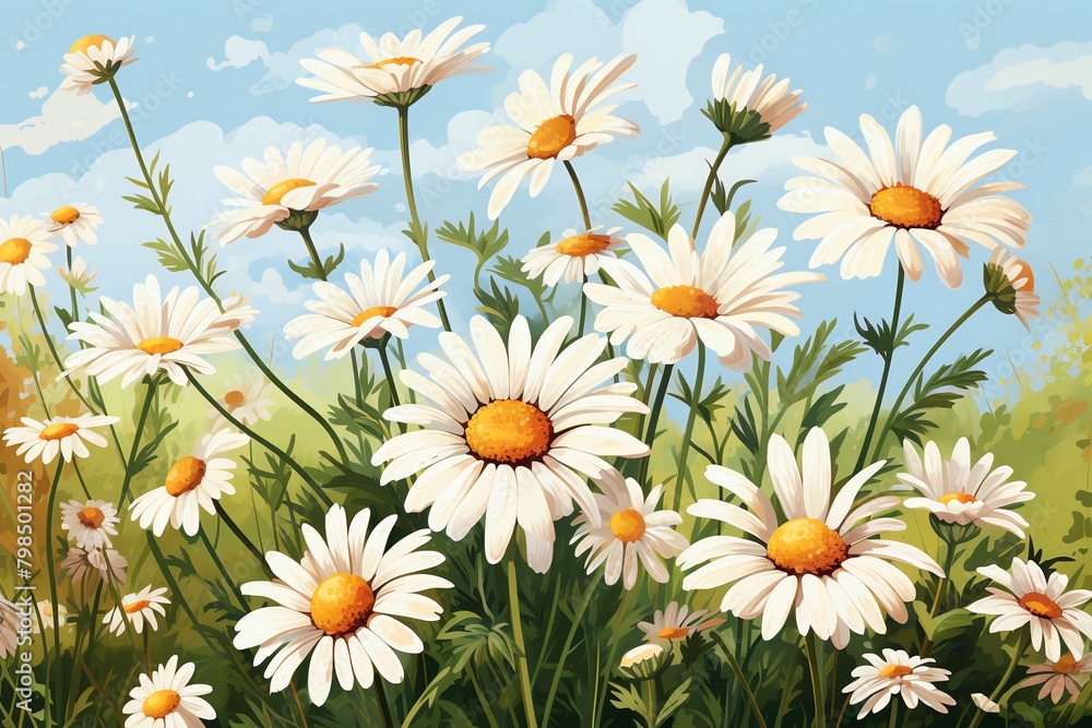 Fototapeta premium White daisies on a vibrant green field, sunny day water color, drawing style, isolated clear background