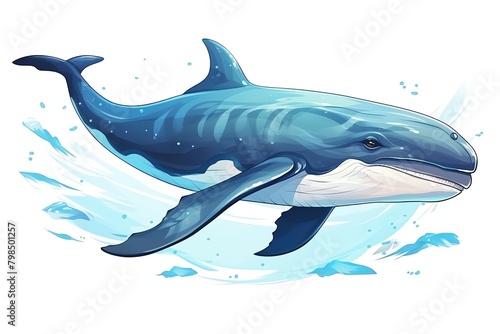 Whale  Massive blue whale in a deep sea blue environment hand drawing cute owl isolated on white background