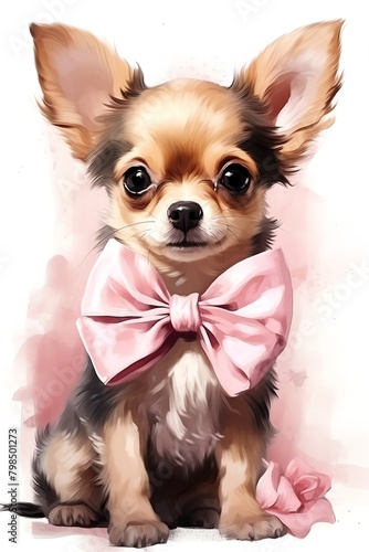 Tiny chihuahua with a big pink bow, soft pink setting water color, drawing style, isolated clear background photo