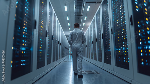 Man Observing Row of Servers in a High-Tech Data Center