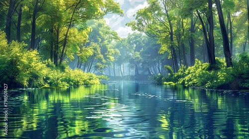 A computer-generated image of a stream winding through a lush woodland filled with verdant foliage.