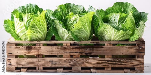 Fresh, mature Chinese cabbage and wooden container on a blank background. photo