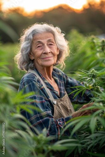 An old woman caring for a medicinal marijuana farm and using CBD to manage arthritis and discomfort in old age, promoting a serene retirement.