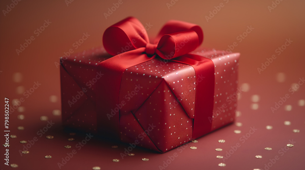Elegant Red Gift Box with Golden Ribbon on Textured Background Elegant Red Gift Box with Golden Ribbon on Textured Background