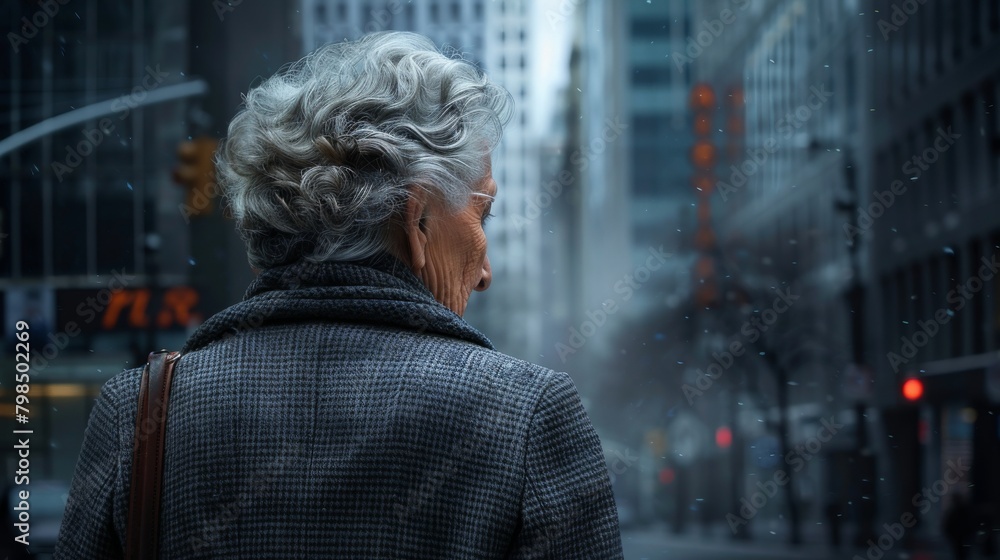 Enduring Ambitions: Elderly Businesswoman Stands Alone Amid Urban Skyscrapers, Reflecting Career Longevity and Retirement Transition