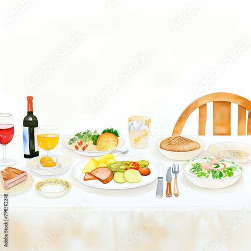 An illustration of a table set with food and wine.