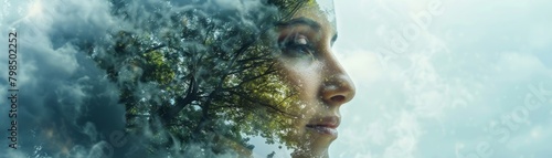 Artistic photograph showcasing the beauty of a woman and the natural world through a double exposure technique.