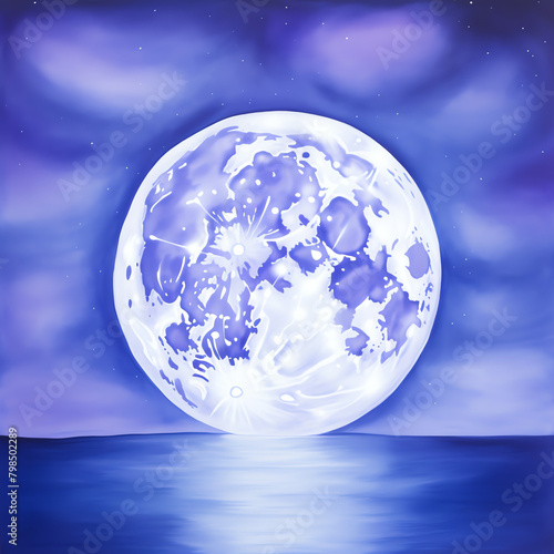 A painting of a full moon rising over the ocean