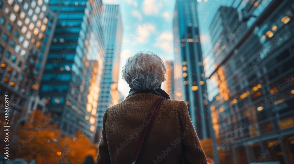 Enduring Ambitions: Elderly Businesswoman Stands Alone Amid Urban Skyscrapers, Reflecting Career Longevity and Retirement Transition Enduring Ambitions: Elderly Businesswoman Stands Alone Amid Urban Skyscrapers, Reflecting Career Longevity and Retirement Transition
