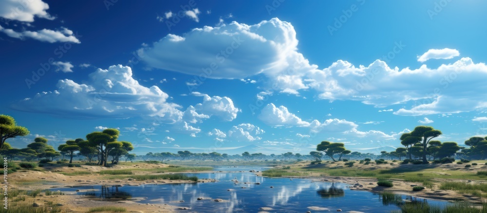 Beautiful panorama of savanna with acacia trees and lake