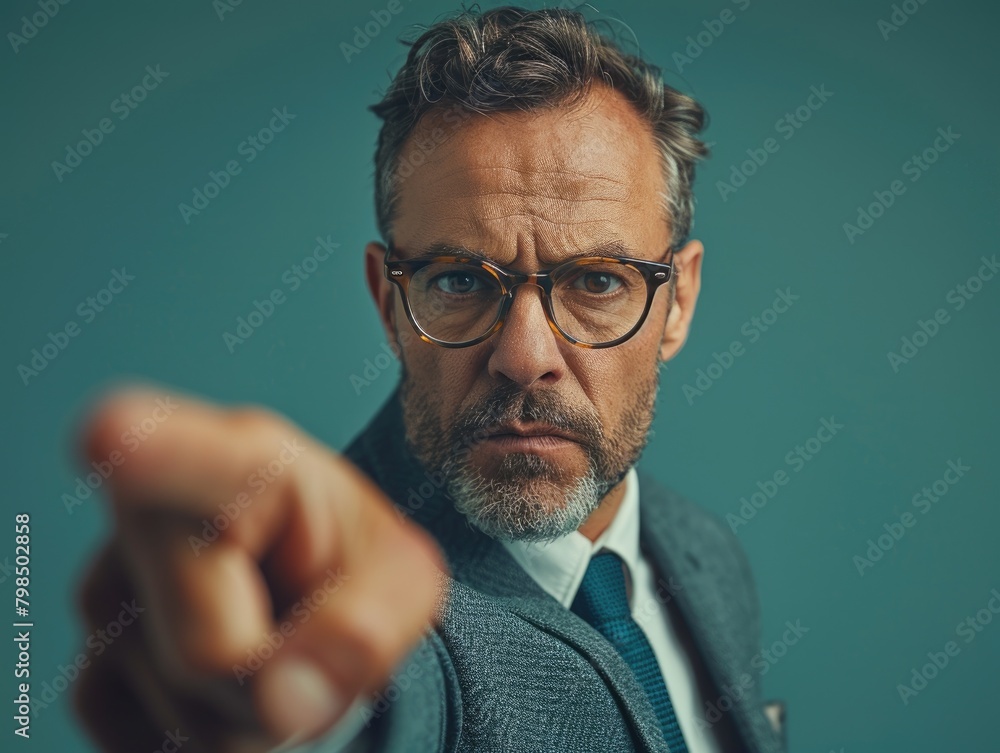 The angry man pointed his fingers at the camera The angry man pointed his fingers at the camera