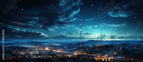Fantasy landscape with high-voltage power lines at night.