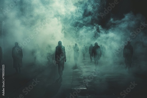 Mysterious figures emerge and vanish in the city fog photo