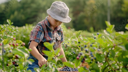 Adolescent harvesting blueberries at a relative's farm for a seasonal gig. photo