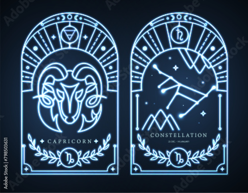 Set of neon modern magic witchcraft cards with astrology Capricorn zodiac sign characteristic. Vector illustration