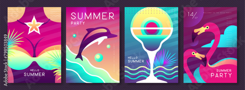 Set of fluorescent summer posters with summer attributes. Cocktail silhouette, flamingo, girl in swimsuit and dolphin silhouette. Vector illustration