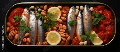 Canal of sardines with beans and tomato sauce on black background
