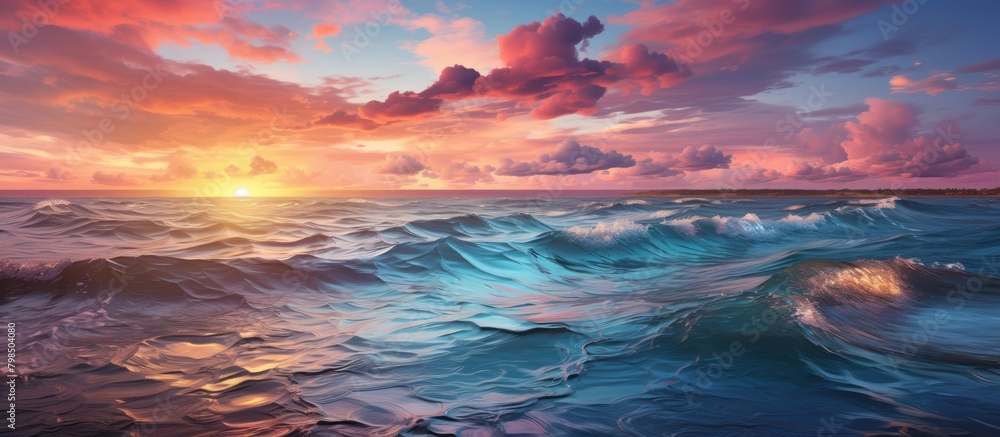 Beautiful seascape. Dramatic sunset over the sea. Oceanic Sunset Symphony