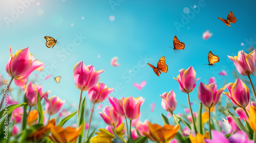 Pink Tulip Flowers field with butterflies in sunny day with blue sky at summer  summer flowers  summer holiday theme.