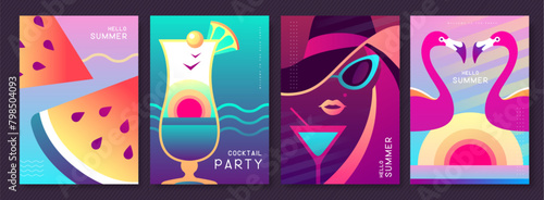 Set of fluorescent posters with summer attributes. Cocktail silhouette, watermelon slices, flamingo, girl in hat and cosmopolitan. Vector illustration