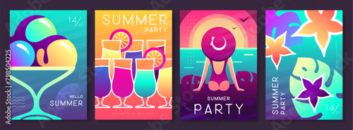Set of fluorescent summer posters with summer attributes. Cocktail silhouette, tequila sunrise, ice cream, tropic leaves and girl on the beach. Vector illustration