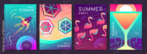 Set of  fluorescent colorful summer posters with summer attributes. Cocktail cosmopolitan silhouette, flamingo, beach top view, swim ring and swimming woman. Vector illustration