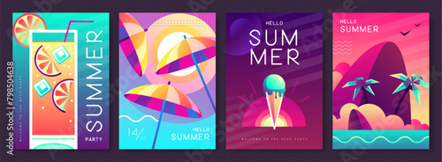 Set of fluorescent summer posters with summer attributes. Cocktail silhouette, tequila sunrise, beach umbrella, ice cream and tropic island. Vector illustration