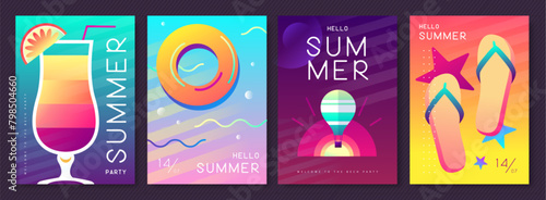 Set of fluorescent summer posters with summer attributes. Cocktail silhouette, tequila sunrise, hot air balloon, swim ring and flip flops. Vector illustration
