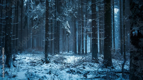 Snow forest. Midnight snow forest. Midnight dark background. Forest. Wood. Generate AI. photo