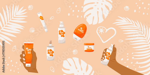 Sun protection kit. Sunscreen in sunburned hands, spray, lotion. The importance of using products with SPF. White leaves of monstera and palm tree with cosmetic skin care products.