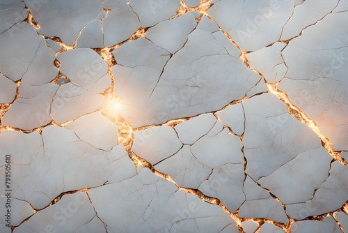 A broken and cracked surface with a bright light shining on it