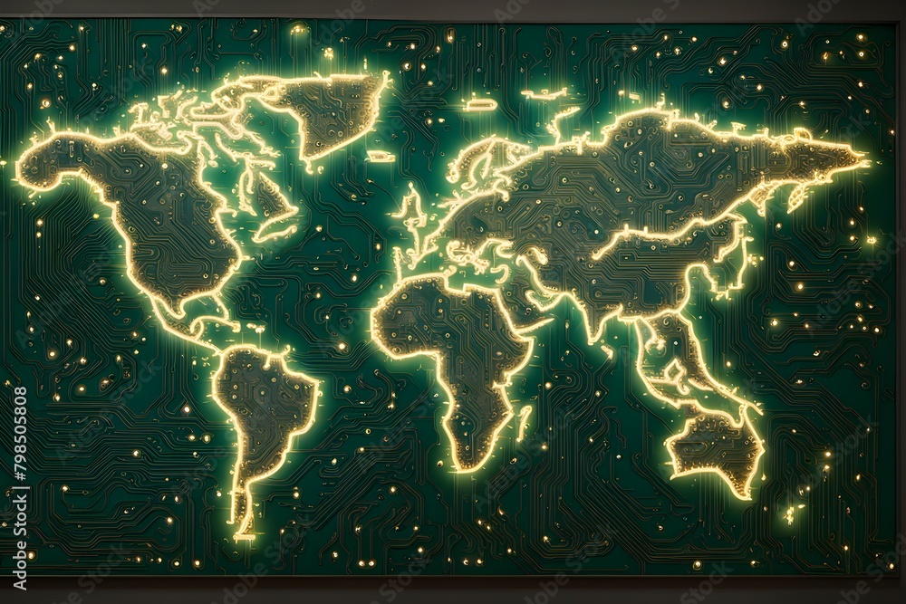 Fototapeta premium A green computer screen with a glowing globe on it