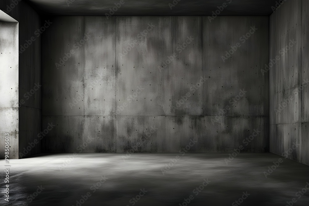 A large, empty room with a concrete wall and a window A large, empty room with a concrete wall and a window