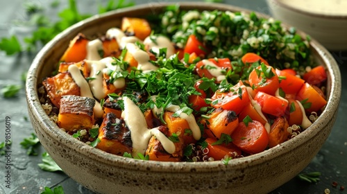 A high-angle view of a simple grain bowl with quinoa, roasted vegetables, and tahini dressing.