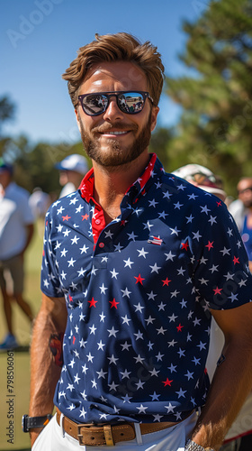 Employees participating in a patriotic-themed corporate outing at a golf course